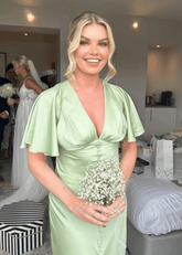 Anna | Sheath Modest Sage Green Satin Maxi Bridesmaid Dress with Slit and Buttons - Price #price_variant_lowest# - Sage - PromDressClub